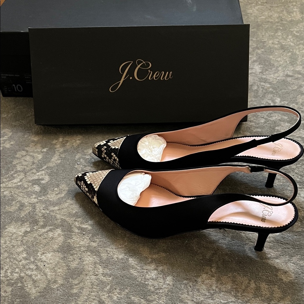 J. Crew Black and Tan Patterned Slingback Heels